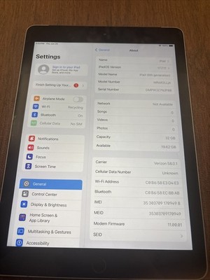 Apple iPad 6th Gen 9.7'' 32GB WiFi + Cellular A1954 Unlocked Tablet