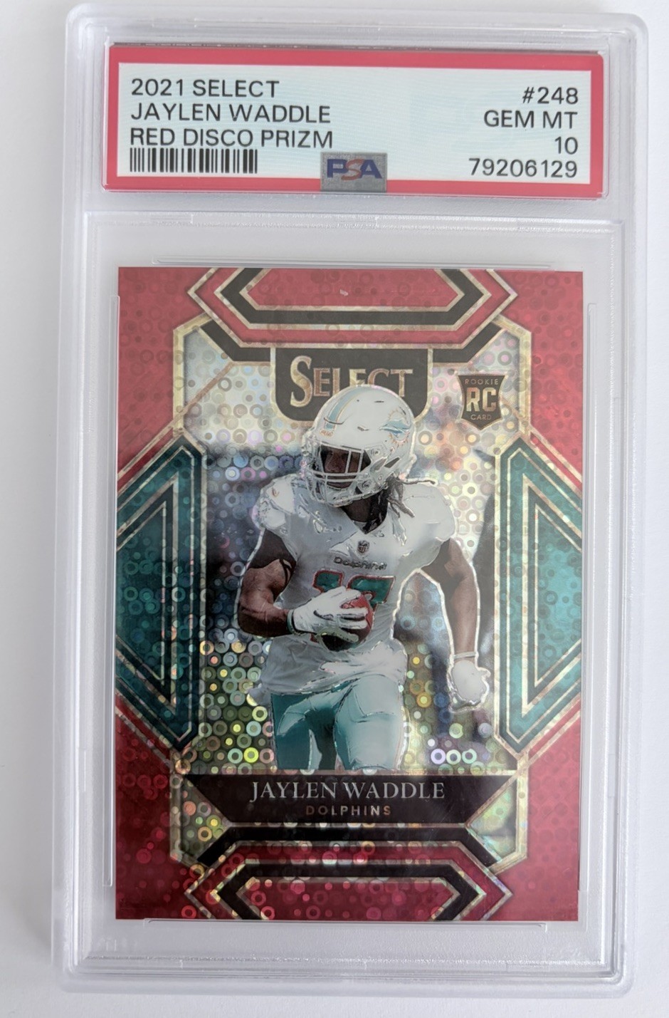 2021 Panini Select Club Level Jaylen Waddle #248 Red Disco Prizm /49 (RC) PSA 10