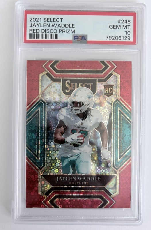 2021 Panini Select Club Level Jaylen Waddle #248 Red Disco Prizm /49 (RC) PSA 10