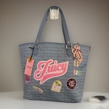 JUICY COUTURE Dusty Blue RUN THE WORLD Logo PATCHES Large TOTE Bag & CHARMS NWT