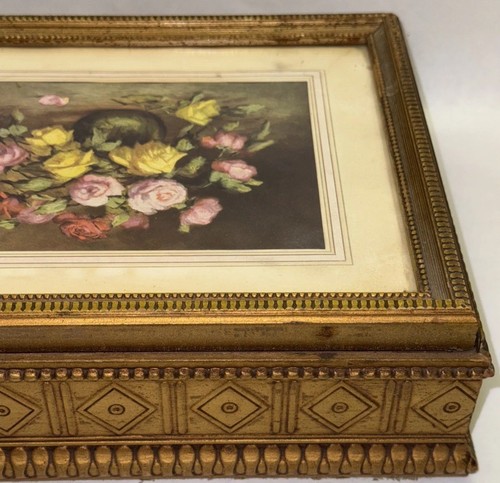 Jewelry Dresser Box Table Decor Floral Art & Glass Top Mirrored Lid Regency Gold - Picture 20 of 24