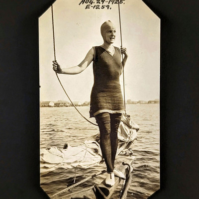 Antique Photo Woman Standing On Bowsprit Of Sailboat Sailing Swimsuit 1925 