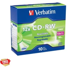CD-RW 700MB 4X-12X Rewritable Blank Media - 10 Discs in Slim Jewel Cases,Silver
