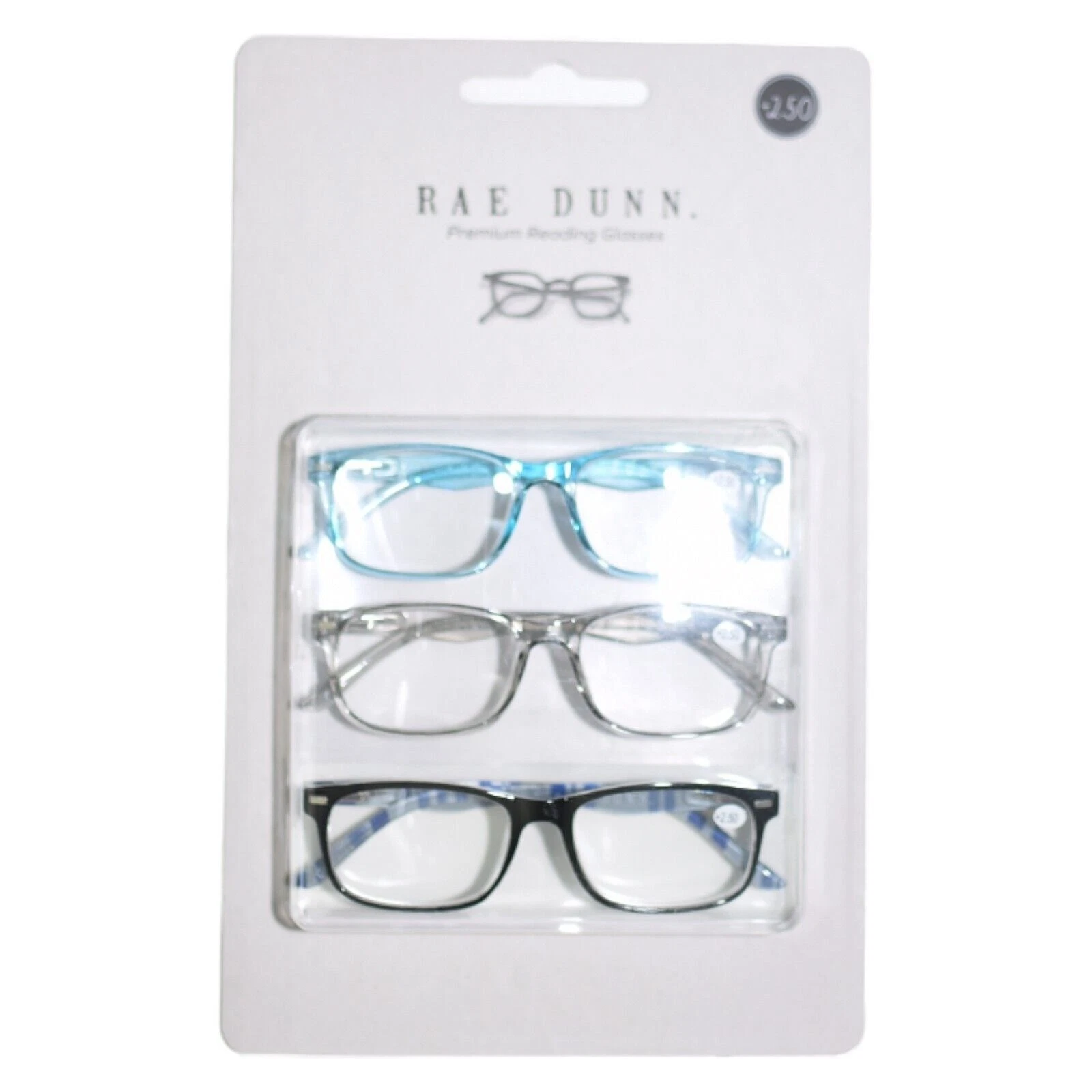 Rae Dunn Premium Reading Glasses Set Of 3 With +2.50 Strength In Blue Clear & Bl