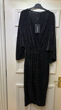 NEW pretty little thing size 14 glittery black dress sheer midi style v neck 