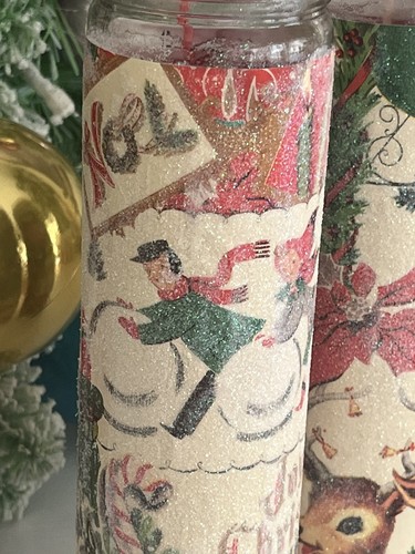 Sugar Frosted Glass Pillar Candle Nostalgic Christmas Reindeer Vintage Inspired - Picture 2 of 6