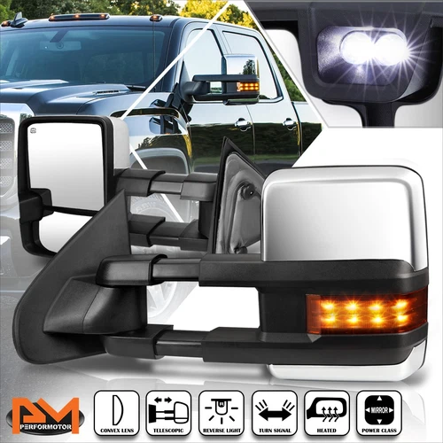 For 14-17 Silverado/Sierra Powered+Heated Chrome Towing Mirror+LED Signal Lamp