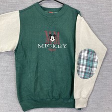 Vintage 90s Disney Mickey Unlimited Sweatshirt M Plaid Elbow Patch Green