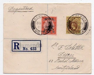 1921 NIGERIA / CAMEROUN MIXED FRANKING REG COVER TO SWITZERLAND RARE OVPT STAMP