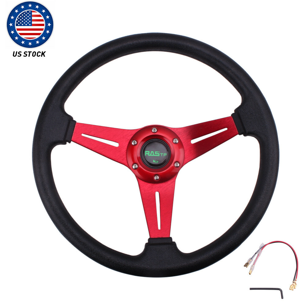 Red Universal Drifting Racing Steering Wheel 340mm Aluminum 6cm Deep Dish