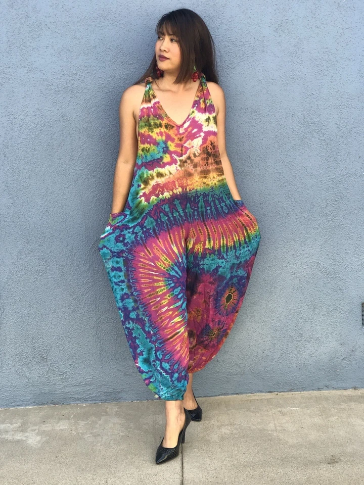 Mono de algodón hecho a mano para mujer Tie Dye playa boho hippie se adapta a ajuste pequeño a través de bo Foto 4 de 4