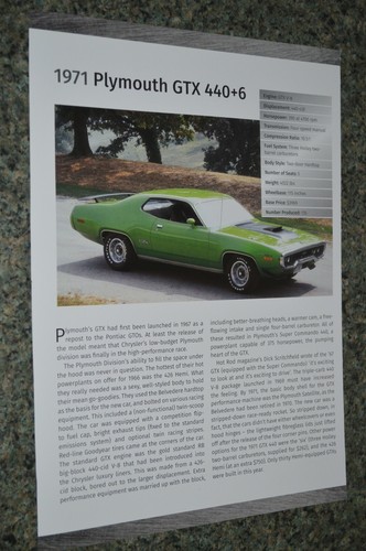 1971 Plymouth GTX 440+6 Info Spec Sheet Photo Feature Print 71 4