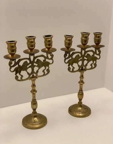 Set of 2 Vintage Judea Sabbath Brass Lion Candelabra's/ Triple Candlestick