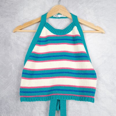 値下げ❣️TENTIAL MIGARU Light Knit Ladies Zara Top Womens Medium White Teal Striped Cropped Knit