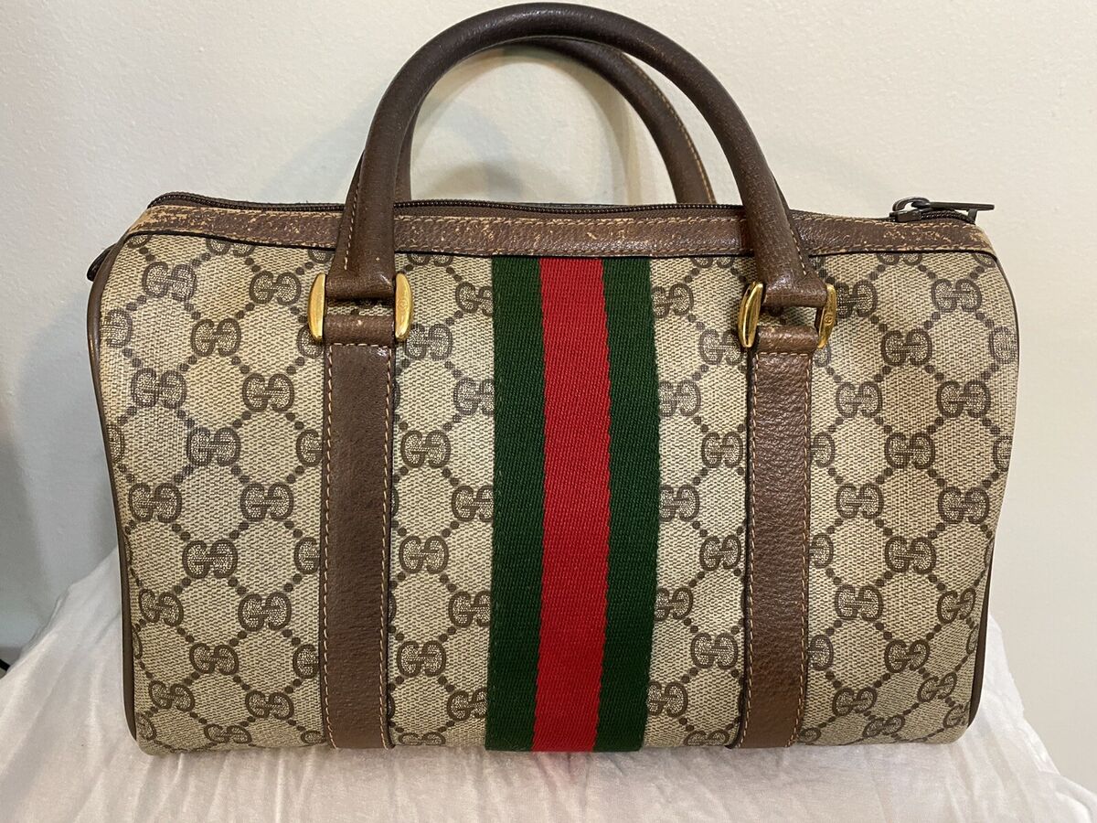 VTG GUCCI SUPREME BROWN PVC GG LOGO SPEEDY BOSTON BAG W/ RED VTG GUCCI SUPREME BROWN PVC GG LOGO SPEEDY BOSTON BAG W/ RED