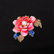 Women's Pink/Blue Enamel Crystal Rhinestone Peony Flower Brooch Pin