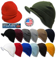 Visor Bill Beanie Cuff Knit Cap Ski Hat Winter Skull Unisex Thick Made in USA