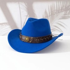 Blue Western Cowboy, Cowgirl Hat, Horseshoe Strap, Men Women Retro Wide Brim