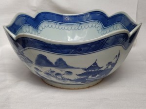 Antique Chinese Porcelain Bowl Square Scallop Corners Hand Painted Blue& White