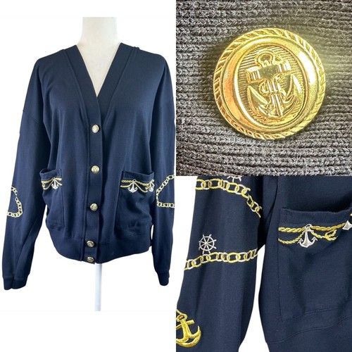 Vintage Nautical Anchor Chain Embroidery Oversized Gold Button Front Cardigan XL