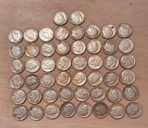 Mixed Lot Silver Dimes, Random Years, 50 Total