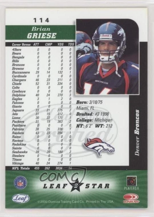 2000 Leaf Certified Brian Griese #114 - Image 2 of 2