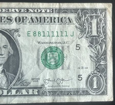 (BINARY/6 IN A ROW!) $1 Quad Double Binary Fancy Serial Number E88111111J