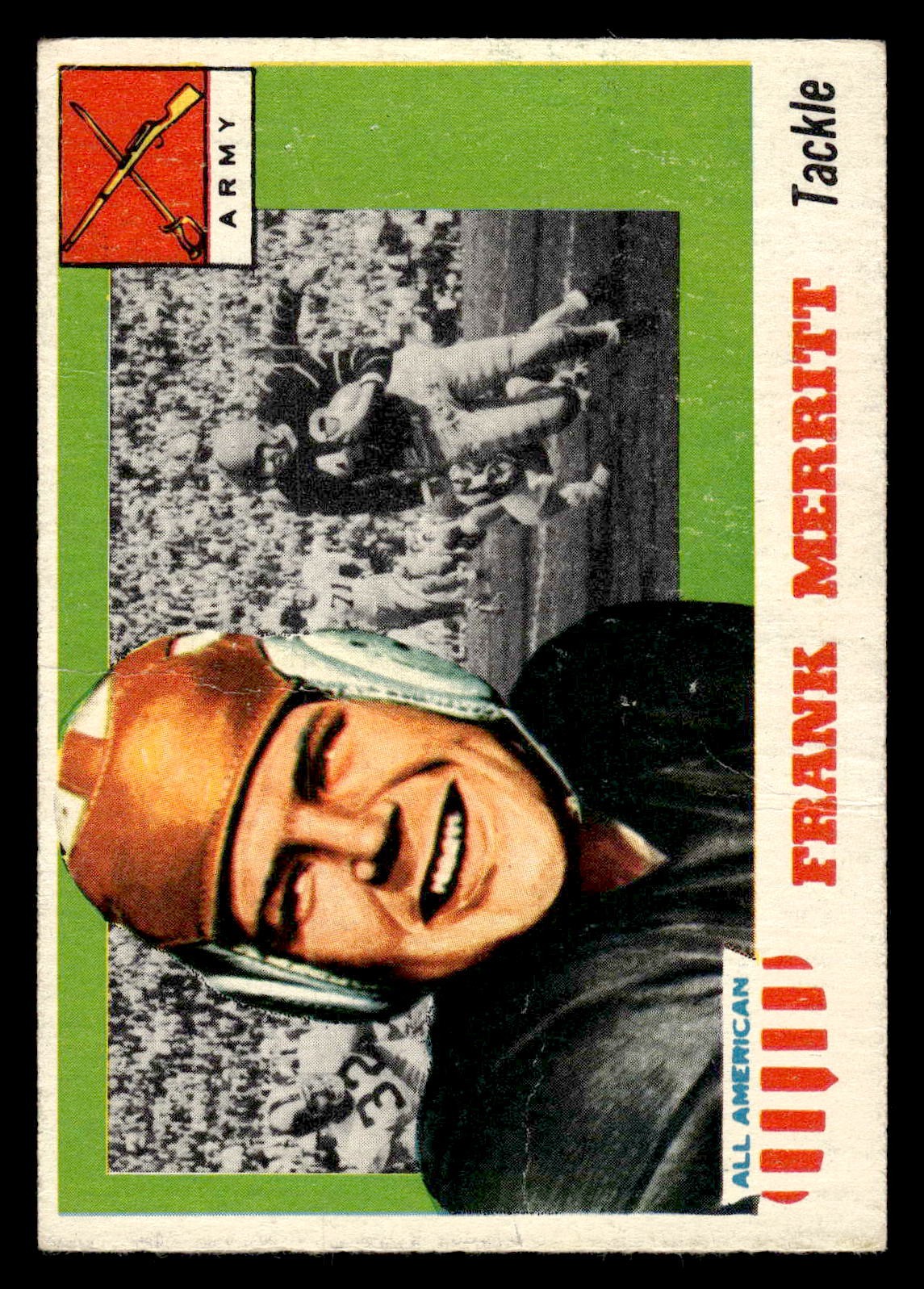 Frank Merritt #55 Football Cards 1955 Topps All American trading card — raw and PSA graded price guide