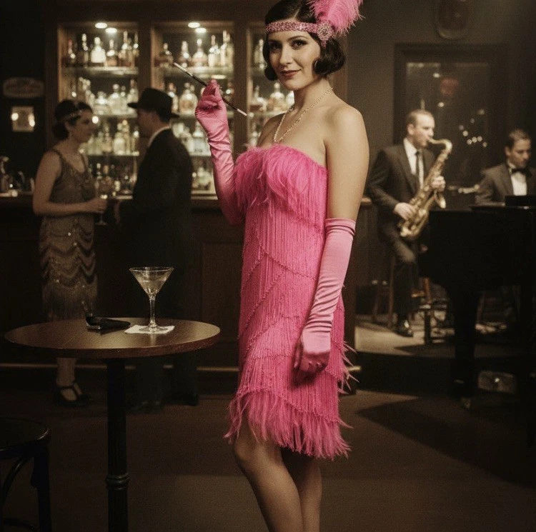 Mystery House Pink Feather Flamingo Flapper 20's Dress Women Halloween Costume S - Image 2 of 4