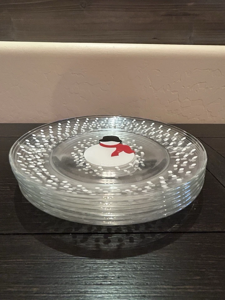 "Juego de 6 platos y barril vintage Arcoroc France muñeco de nieve de vidrio con habitación de 8""" Foto 2 de 4
