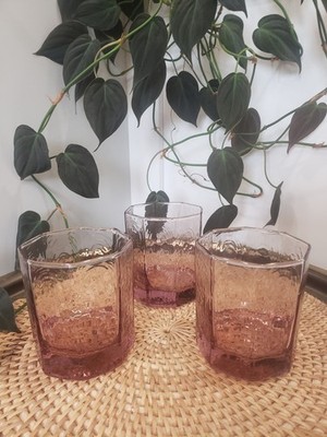 3 Vintage Libbey Pink Facets Octagon 3.5'' Tall Old Fashioned Glass Tumblers EUC!