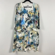 Inoah Abstract Art to Wear Shift Dress Size XL Knit 3/4 Sleeves Pockets