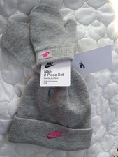 NIKE Toddler Girls 2T-4T 3T Beanie & Mitten Set Gray Pink NEW NWT NIP