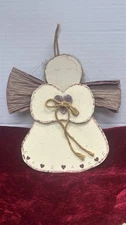 Vintage Wooden Rustic Angel With heart Ribbon Wings Christmas Ornament 9x7