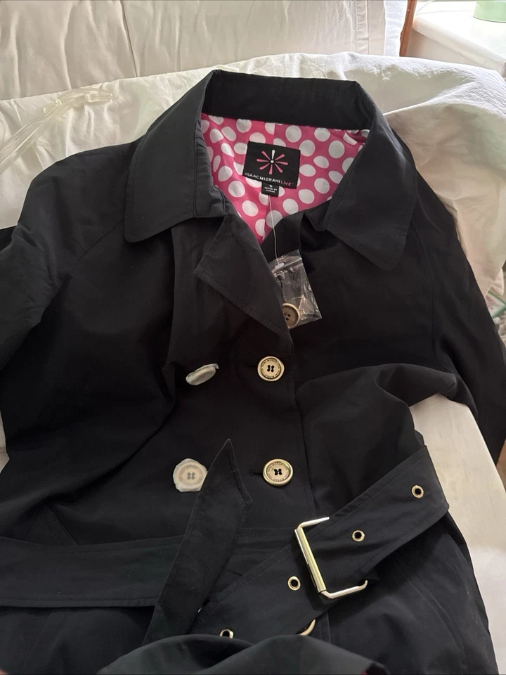Nuevo ISAAC MIZRAHI PEQUEÑO NEGRO DOBLE BOTONADURA CINTURÓN TRENCH ROSA FORRADO A LUNARES Foto 3 de 4