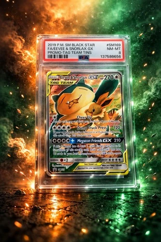 Pokémon TCG Eevee & Snorlax GX SM Black Star Promo SM169 TAG TEAM Holo PSA 8