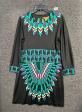 Tory Burch 100% Silk Feather Print Sheath Dress Sz L Aztec Southwestern Stretch