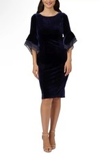 Adrianna Papell Midnight Blue Velvet Bell-Sleeve Mesh-Trim Dress Size 14