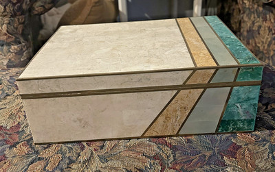 Vintage 1980s Postmodern Large Tessellated Stone Brass Inlay Jewelry Box - Heavy