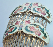 VINTAGE PAIR CLOISONN HAIR COMBS COLORFUL ENAMEL FLORAL BUTTERFLY