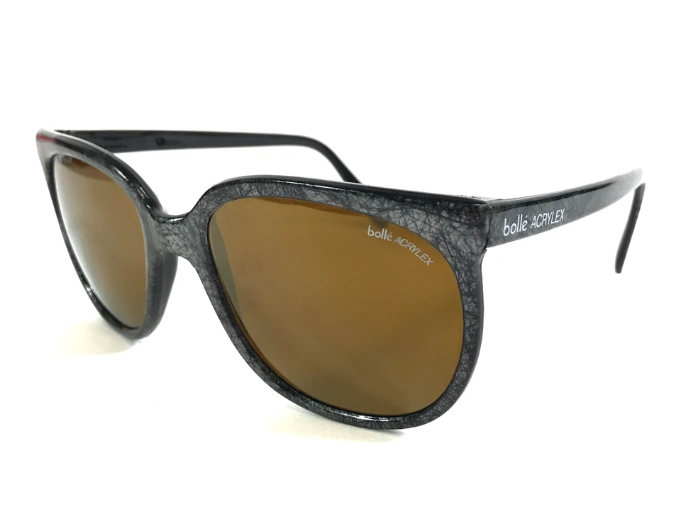 Vintage Bollé Sunglasses Acrylex Shiny Black Gray Graffiti Brown Mirrored Lenses - Image 4 of 4