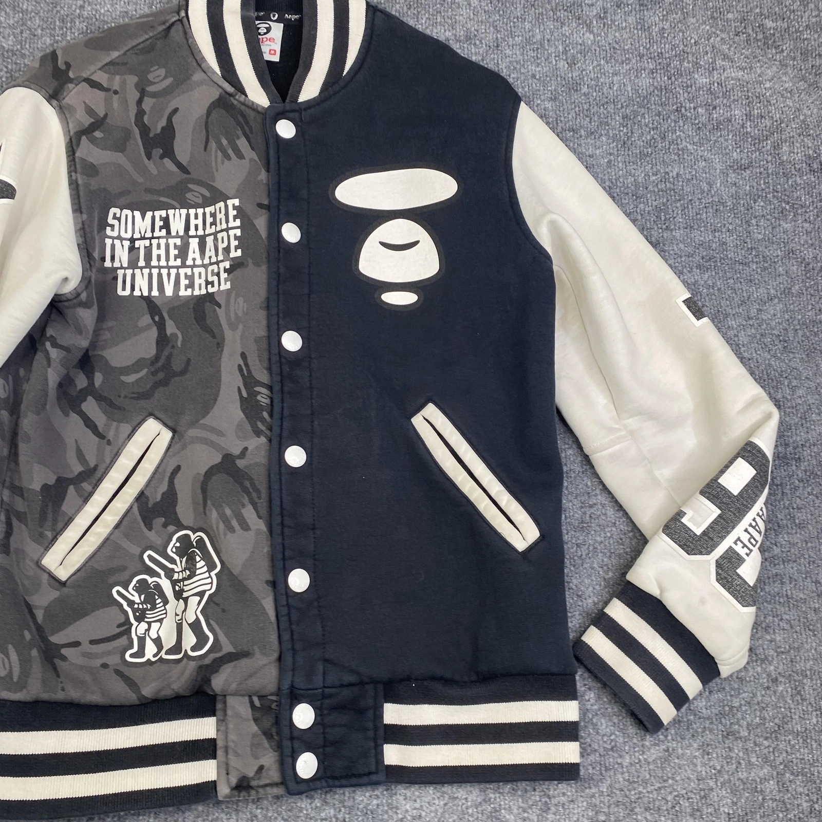 AAPE By A Bathing Ape Jacket Mens Medium Black Camo Varsity Letterman Bomber image 3