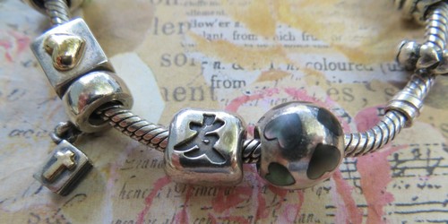 Genuine PANDORA Sterling Silver Bracelet With GOLD Clasp 10 charms 3 Spacers - Picture 2 of 12