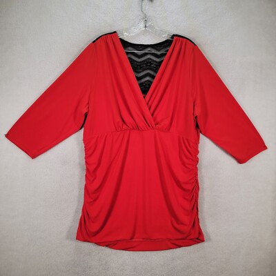 Torrid Womens Top Plus Size 3X Red Stretch Ruched V Neck Lace