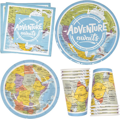 96 Pcs Adventure Awaits Party Supplies Set Paper Plate Cup Napkin for World Map