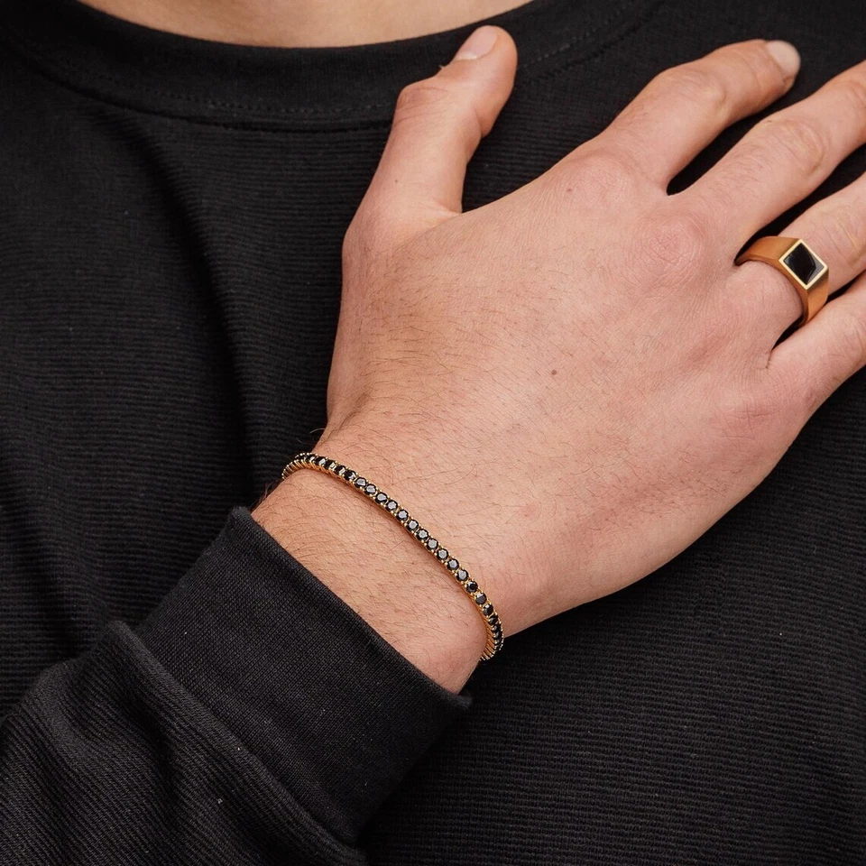 10K Gold 3MM Round Lab Created Black Diamond Luxury Men's Tennis Bracelet 7" - Image 2 of 4