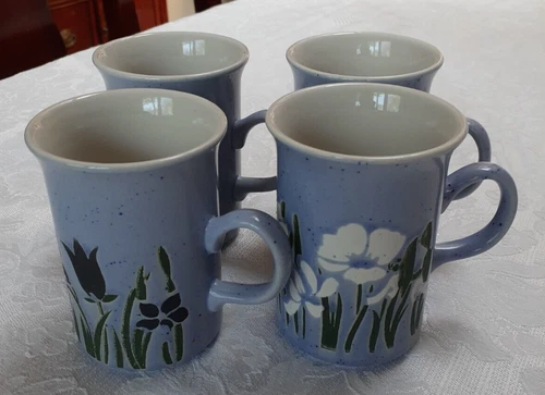 Vintage Churchill of England Blue Floral Cups Mugs, set of 4