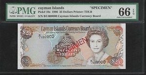 Cayman Islands Specimen 25 Dollars 1996 PMG 66 EPQ UNC P#19s Queen Elizabeth II