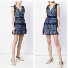 Self Portrait Floral Mini Dress Tiered Guipure Shoulder Bow Navy Coquette Size 4