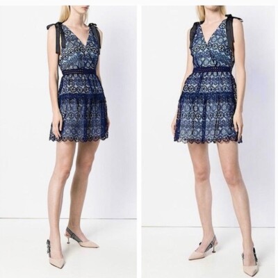 Self Portrait Floral Mini Dress Tiered Guipure Shoulder Bow Navy Coquette Size 4